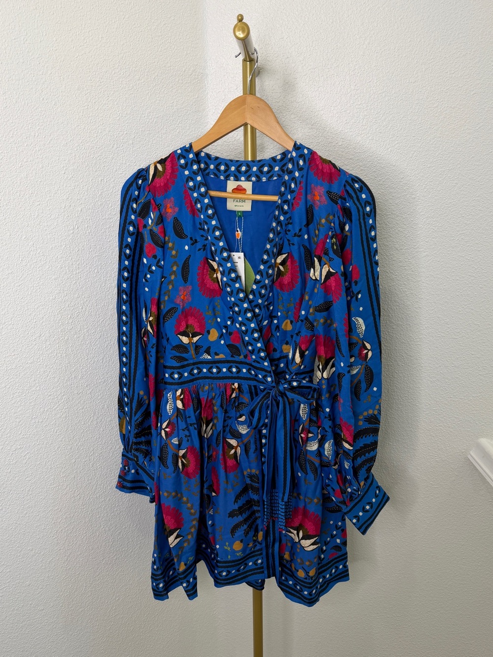 NWT FARM Rio Surreal Flowers Blue Wrap Mini Dress Size Small